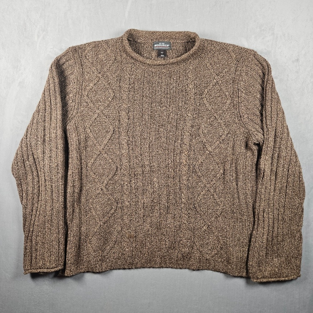 Woolrich Sweater Mens Large Brown Ramie Wool Blend Cable Knit Rollneck Cottage